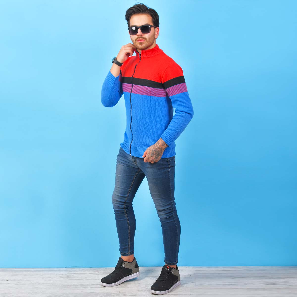 سوئیشرت بافت مردانه مدل Brenda رنگ قرمز آبی