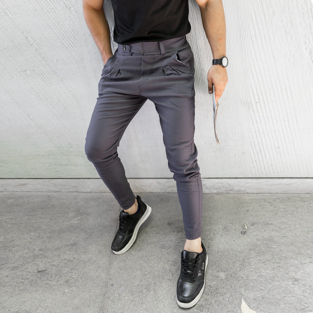 شلوار اسلش کمربندی خاکستری مردانه مدل Legans