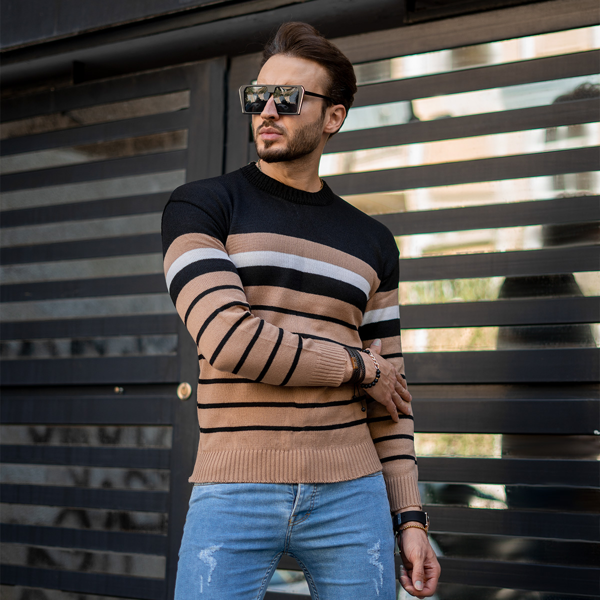 پلیور دورنگ مشکی کرم مدل Zaka