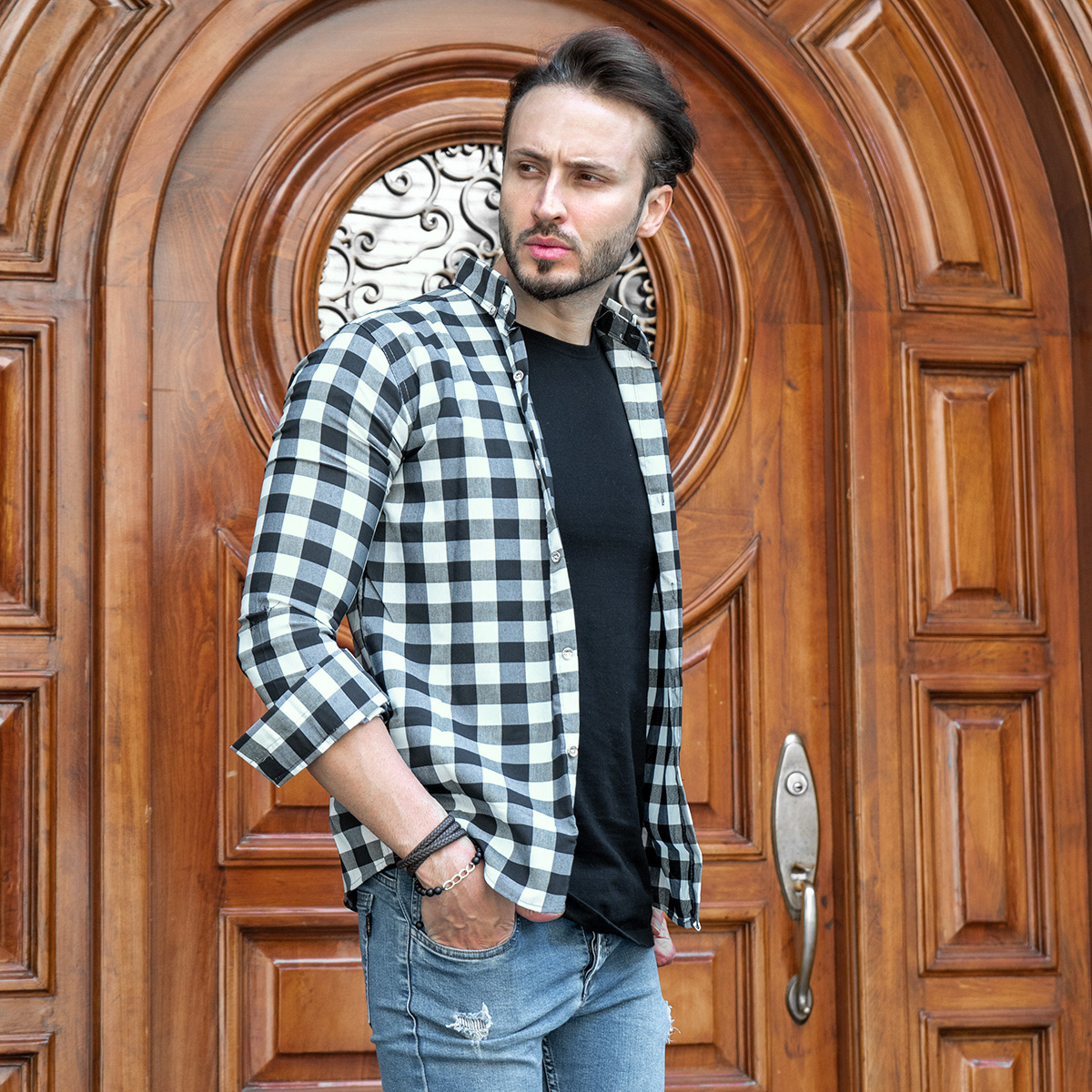 پیراهن چهارخانه مشکی سبز مدل 4560