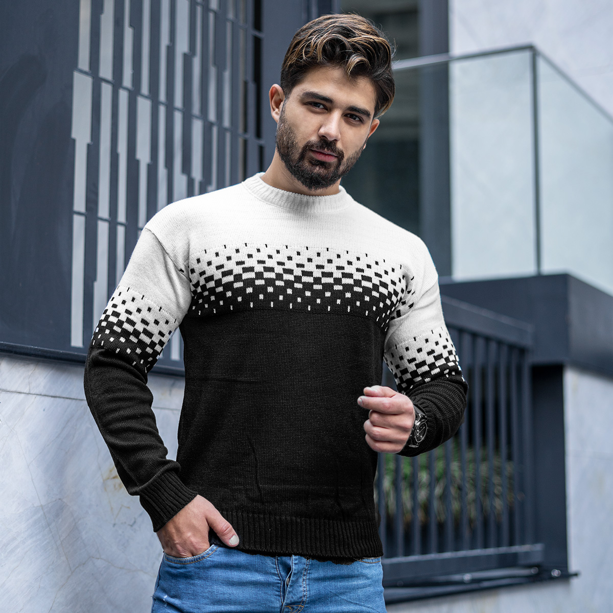 پلیور مردانه دو رنگ سفید مشکی مدلShatel