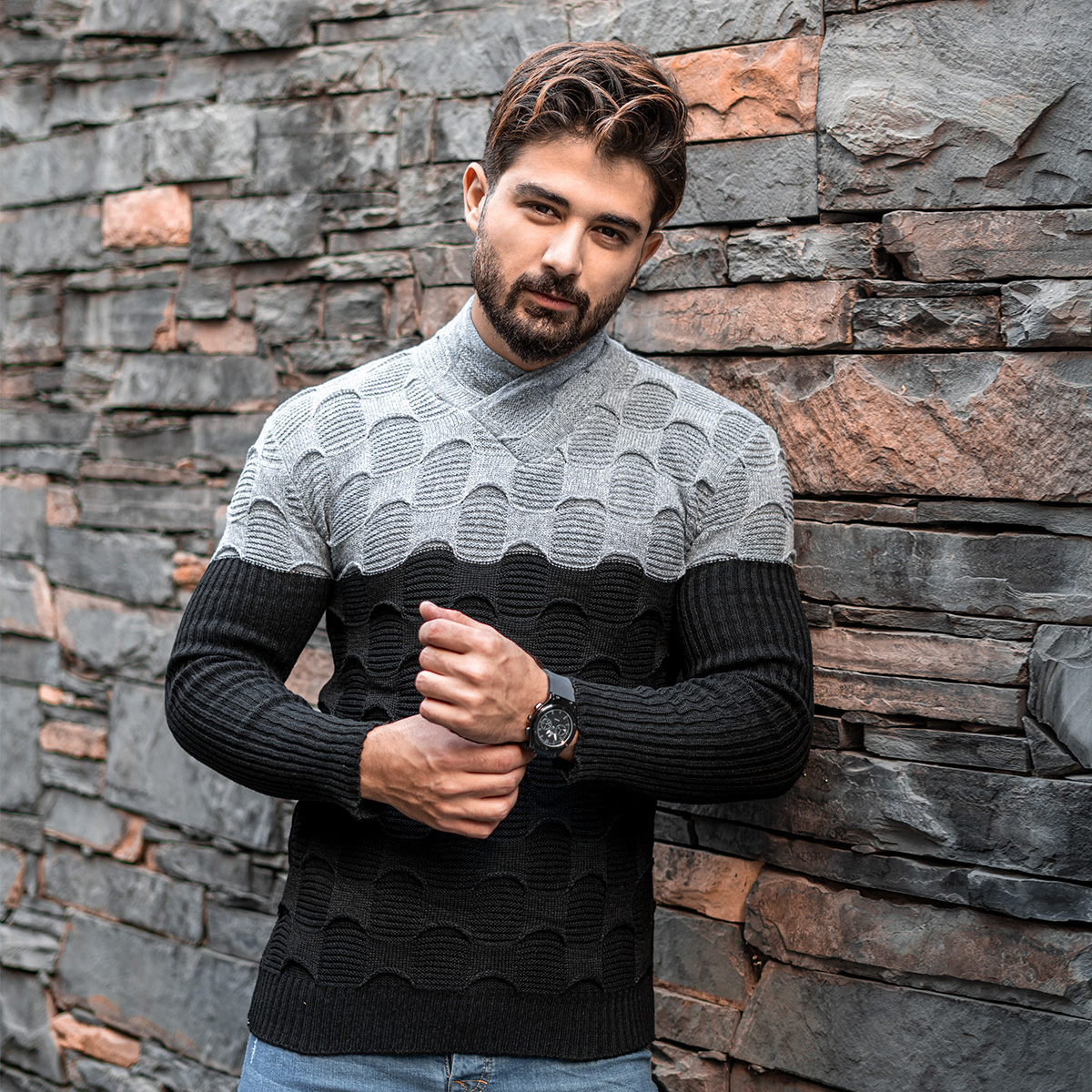 پلیور دورنگ طوسی مشکی مردانه مدلArkia