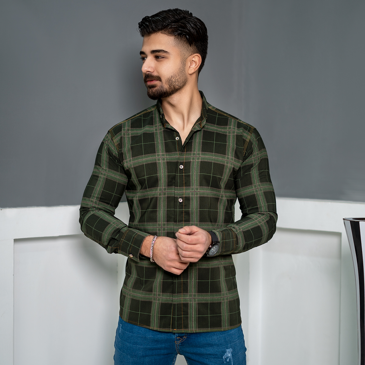 پیراهن مردانه چهارخونه سبز مردانه مدل makio