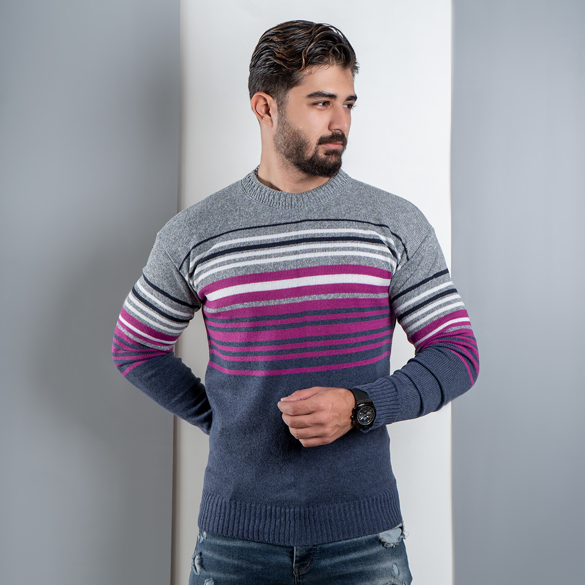 پلیور راه راه سرمه ای زرشکی(T) مردانه مدل nahed