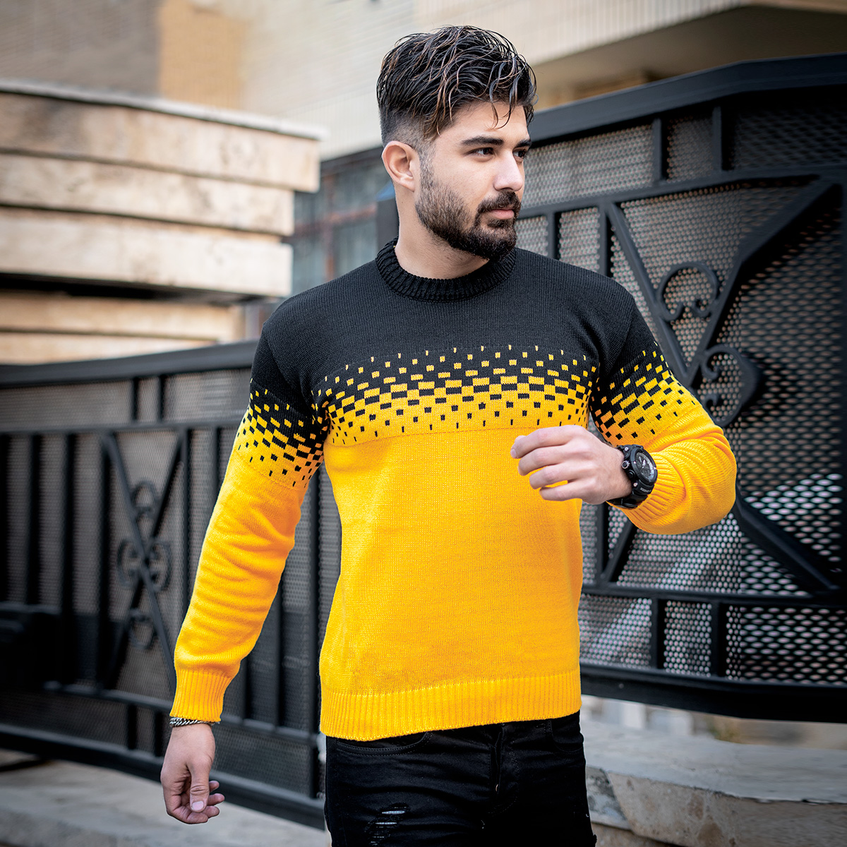 پلیور مشکی زرد مردانه مدلShatel