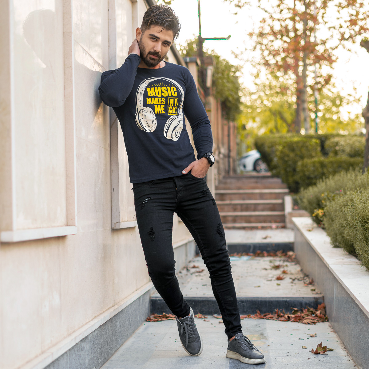 تیشرت آستین بلندمردانه طرح هدست سرمه ای مدل O22