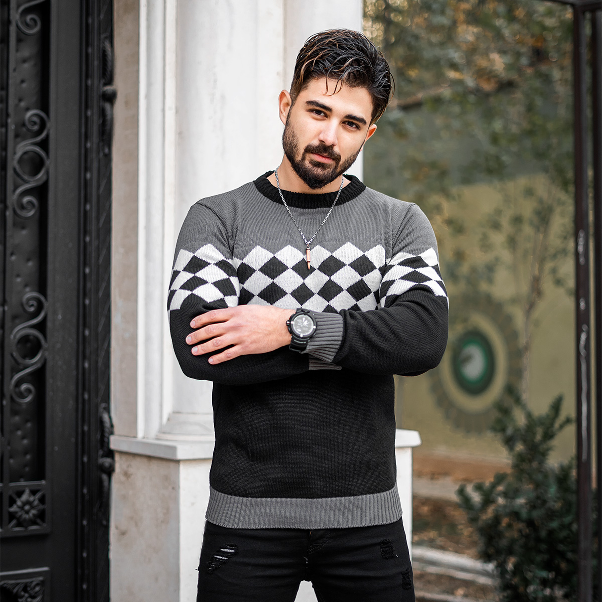 پلیور ژاکارد مشکی سفید مردانه مدل Mehrdad