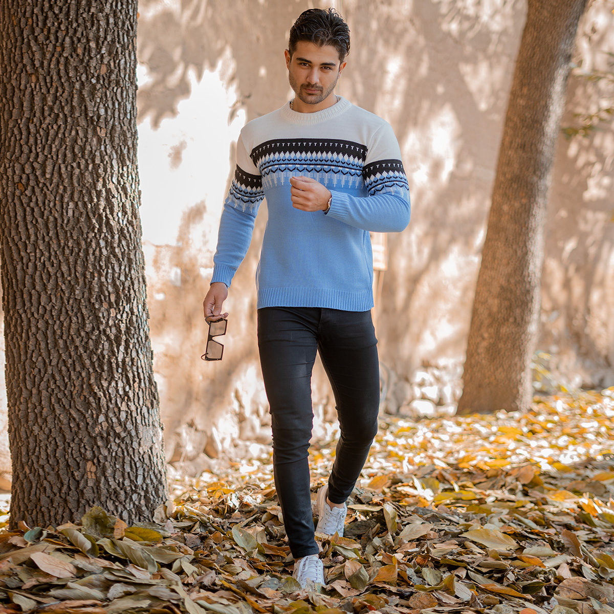 پلیور ژاکارد آبی فولادی مردانه مدل Sami