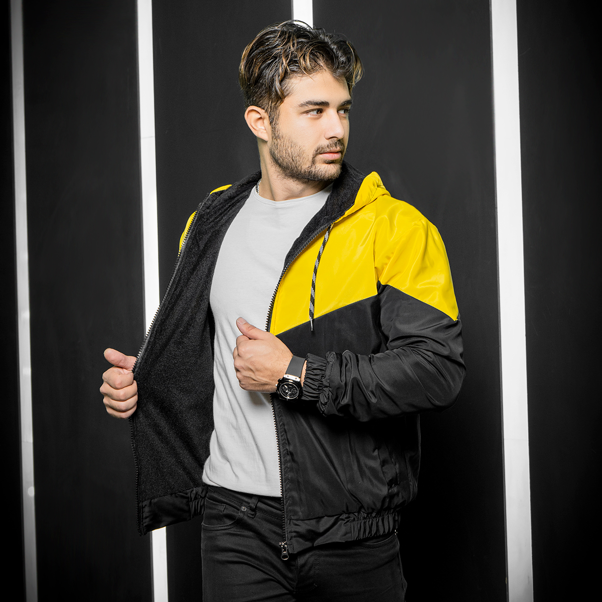 کاپشن مردانه مشکی زرد مدل K64