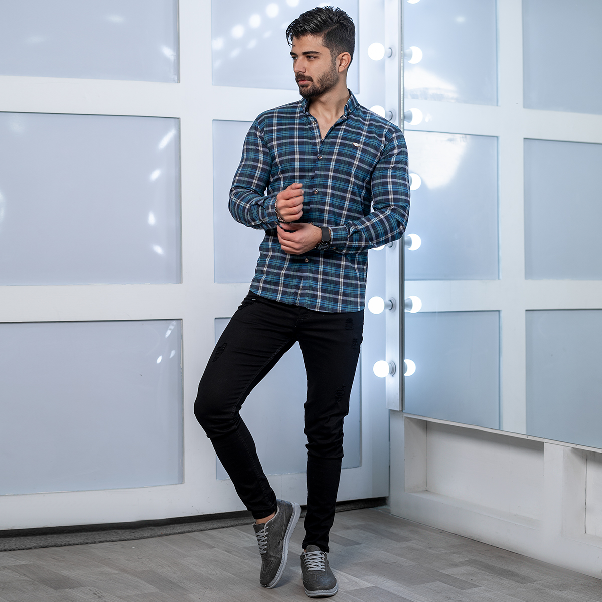 پیراهن چهارخونه سبز سرمه ای مردانه مدل Nadin