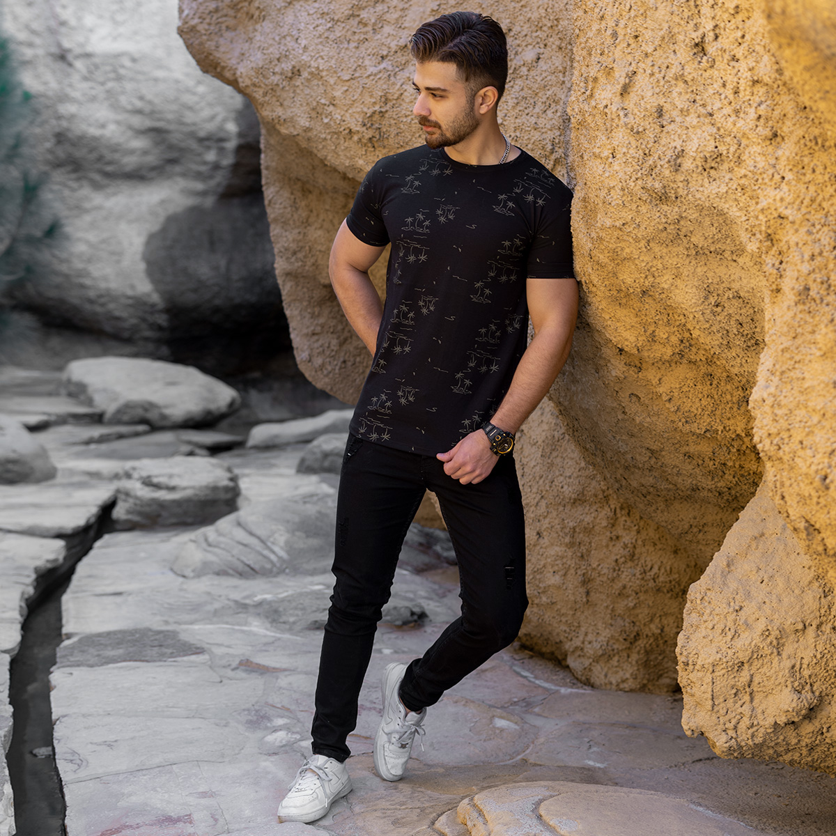 تیشرت هاوایی مشکی مردانه مدل E99