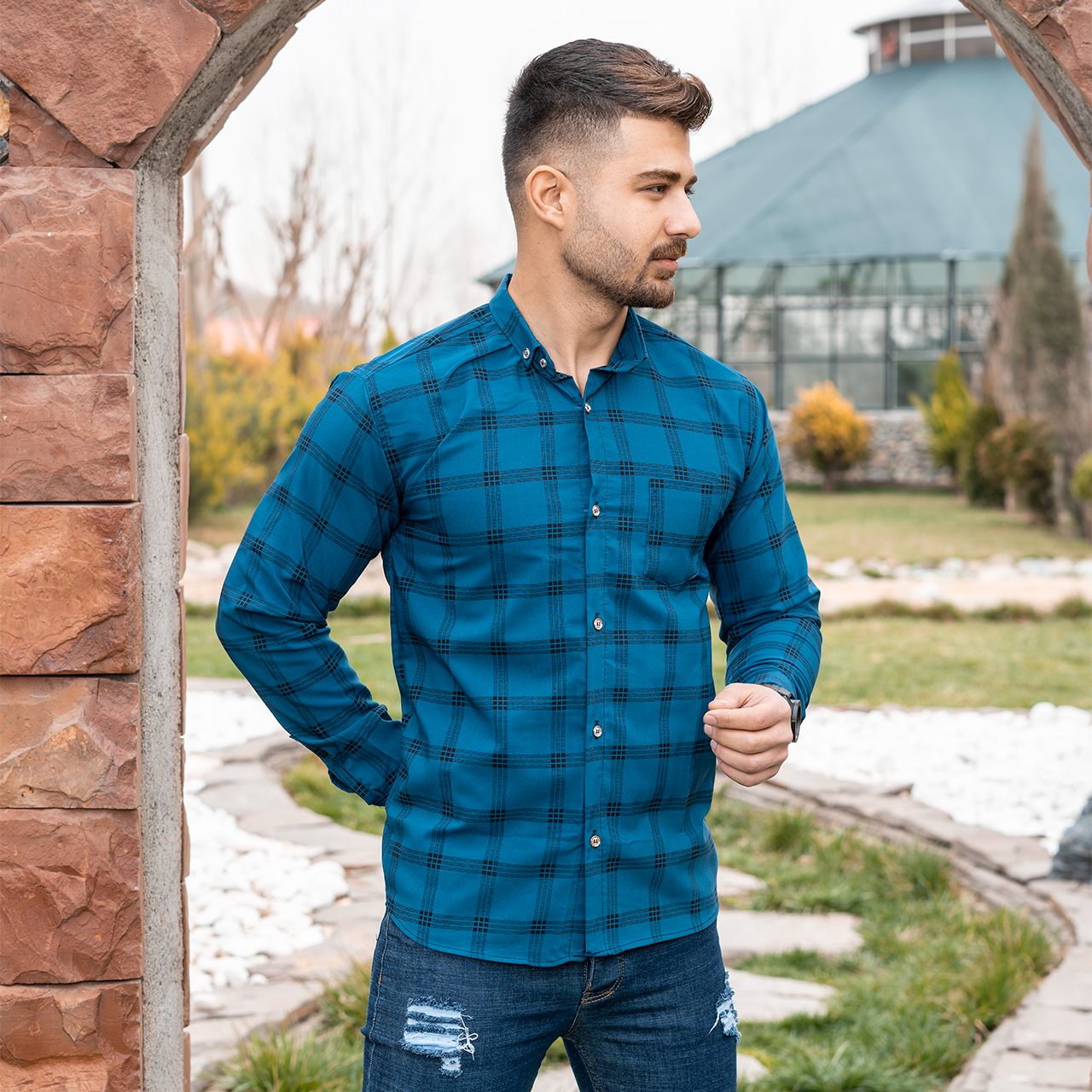 پیراهن مردانه چهارخونه آبی مدل Ravin