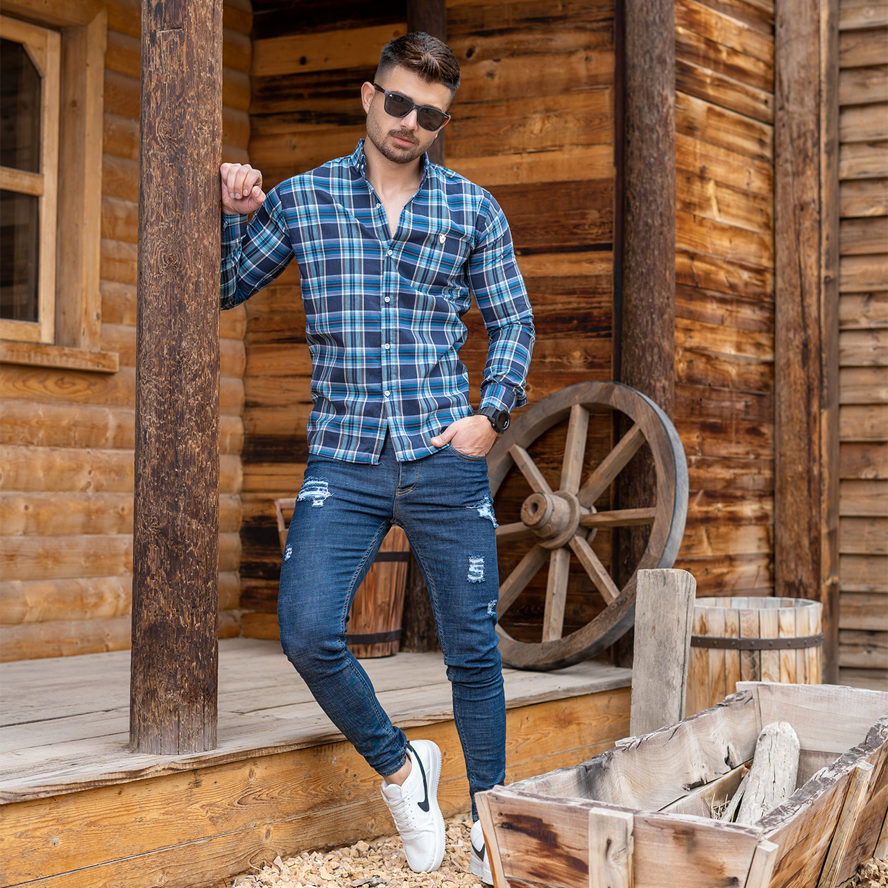 پیراهن چهارخونه سرمه ای آبی مردانه مدل katin