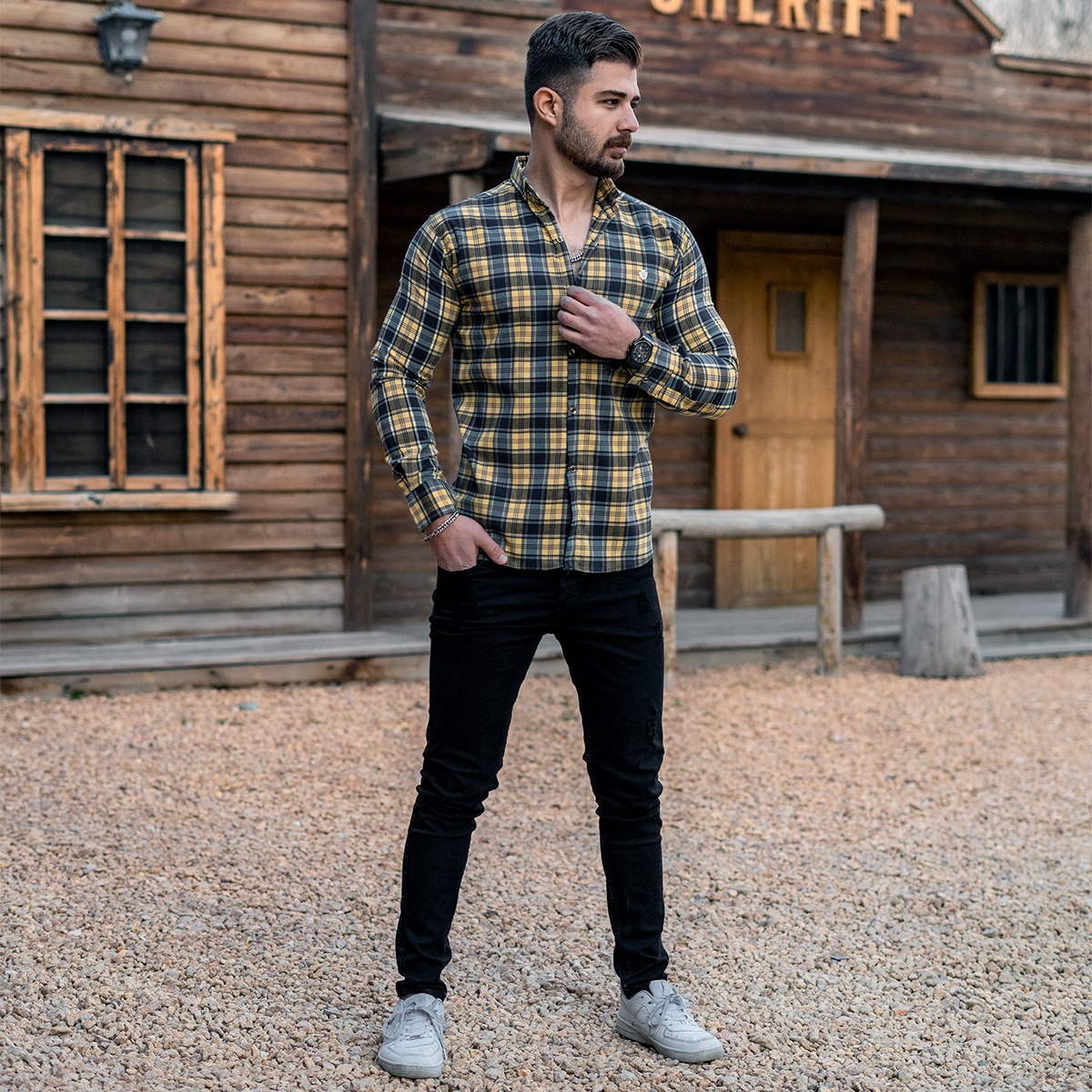 پیراهن چهارخونه سرمه ای زرد مردانه مدل katin