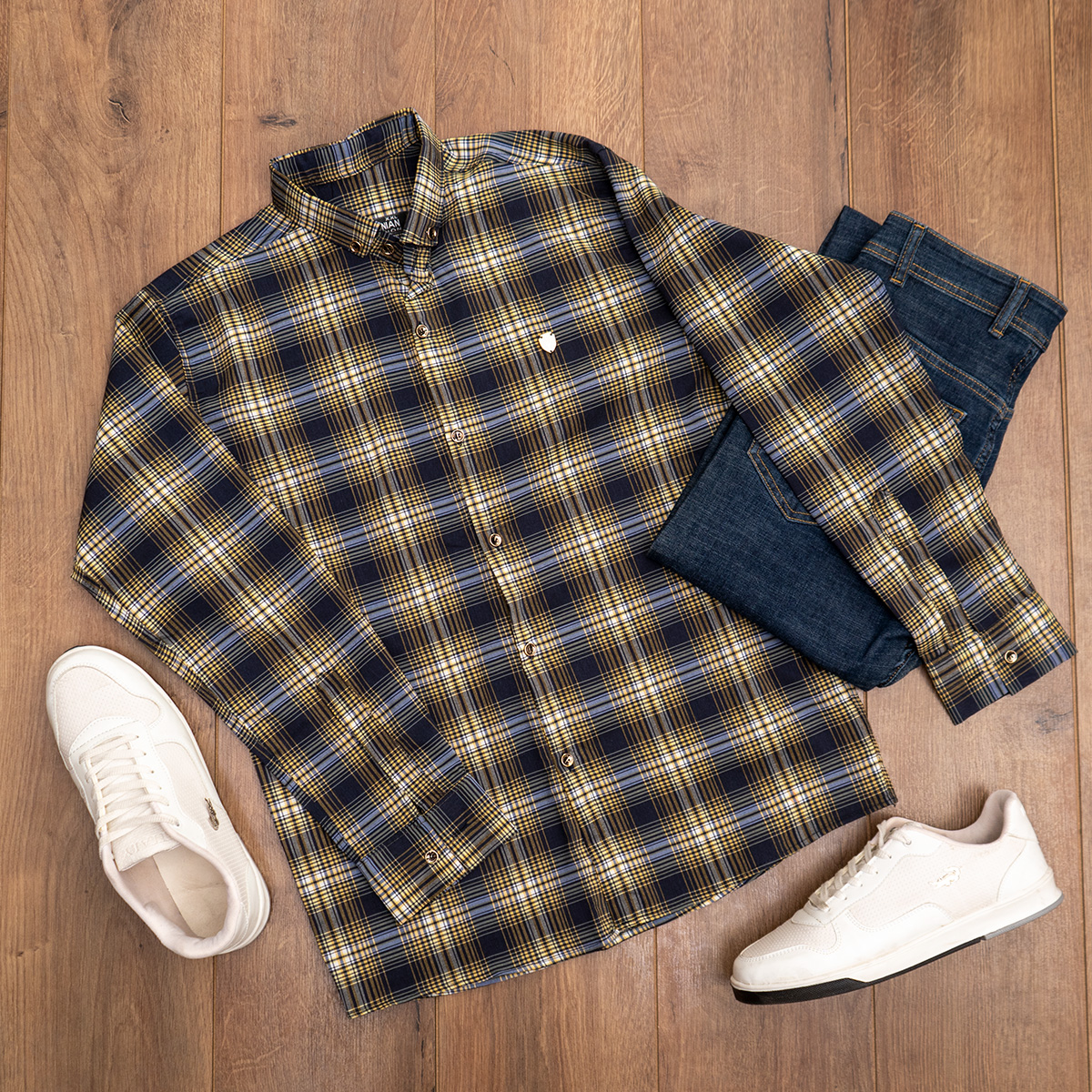 پیراهن چهارخونه آبی زرد مردانه مدل Z22