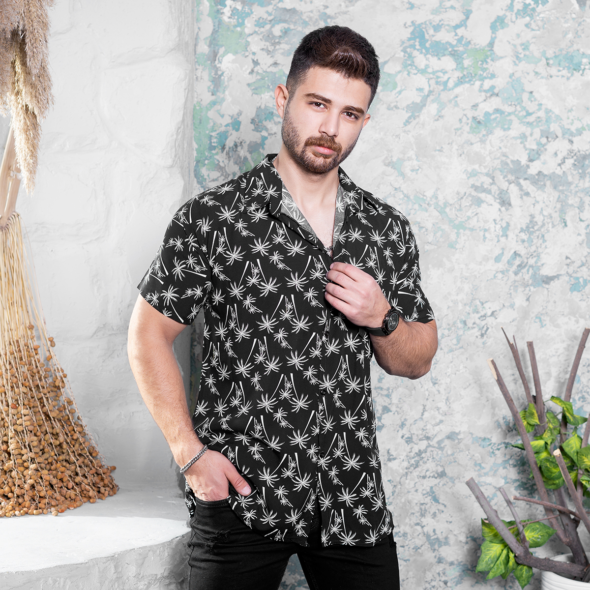 پیراهن هاوایی مردانه مشکی مدل Nanti