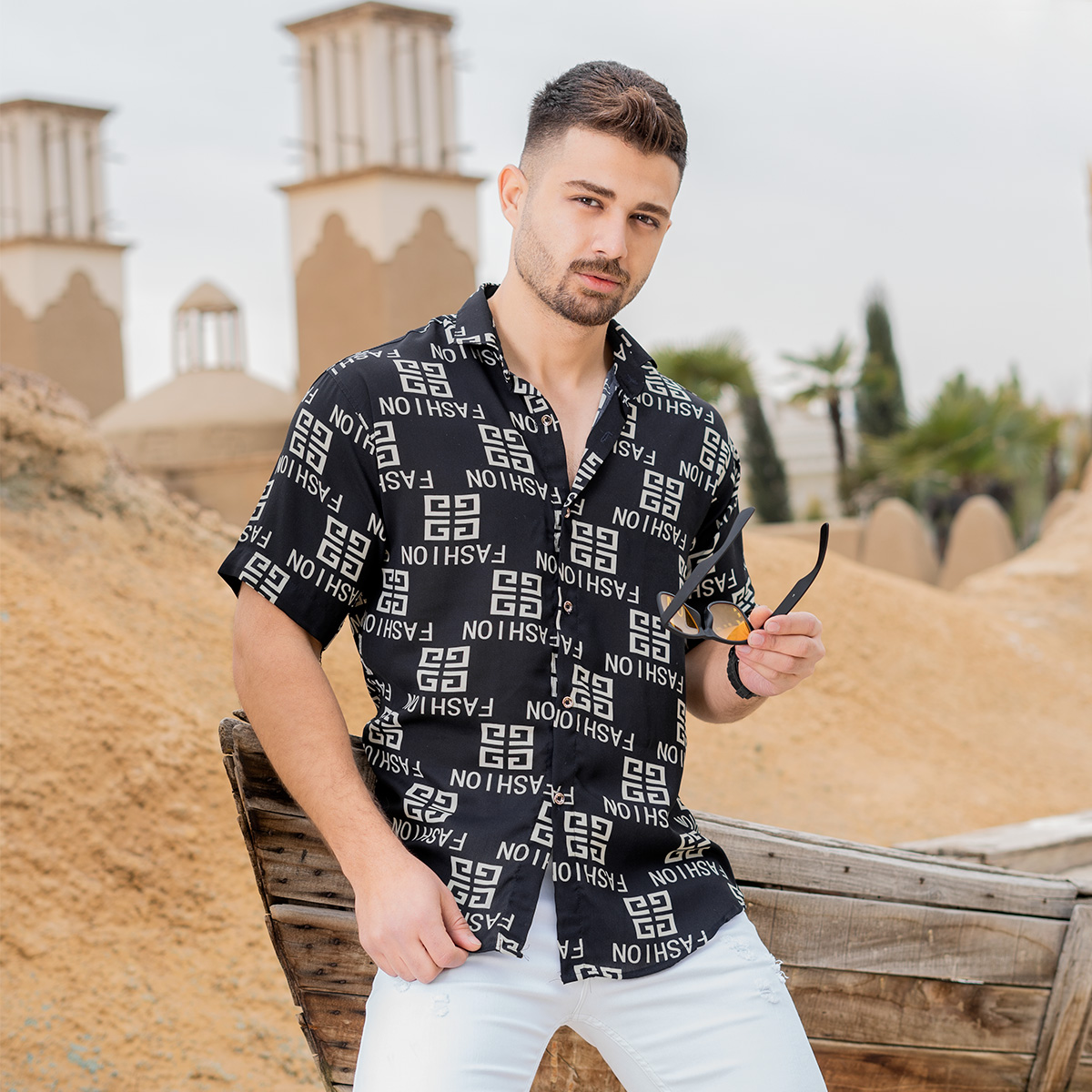 پیراهن هاوایی مشکی مردانه مدل F 402