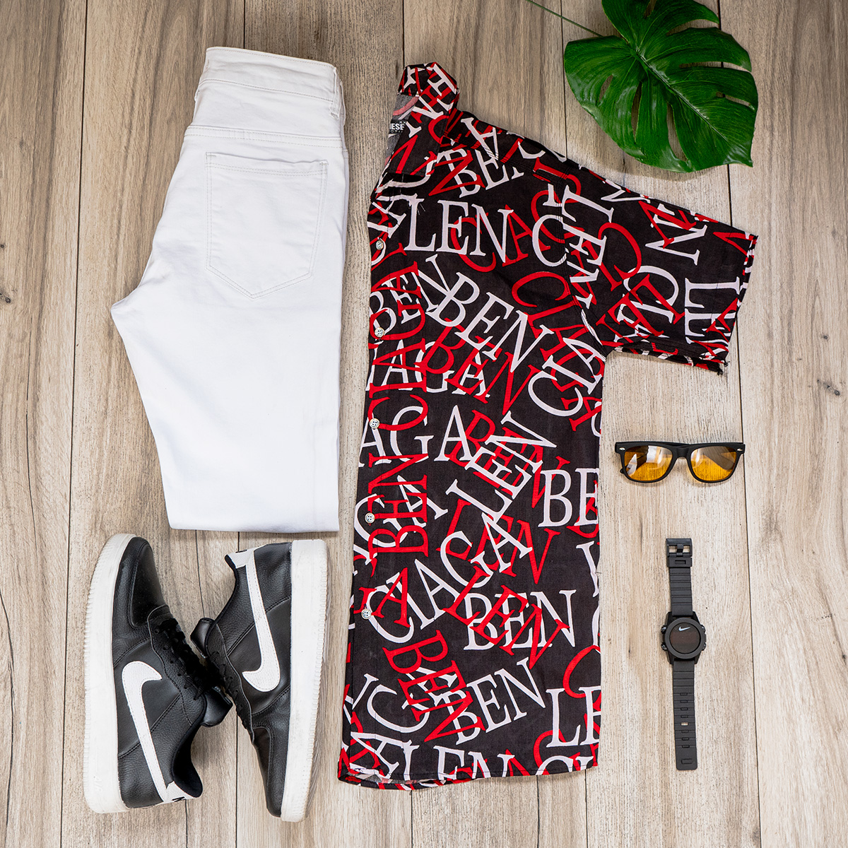 پیراهن هاوایی مردانه مشکی قرمز مدل ABC