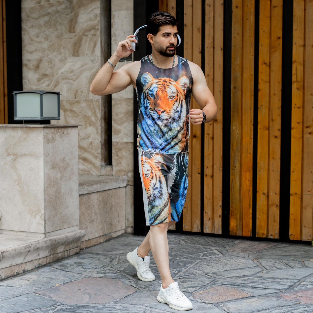 ست رکابی شلوارک طرح ببرنارنجی مردانه مدل A31