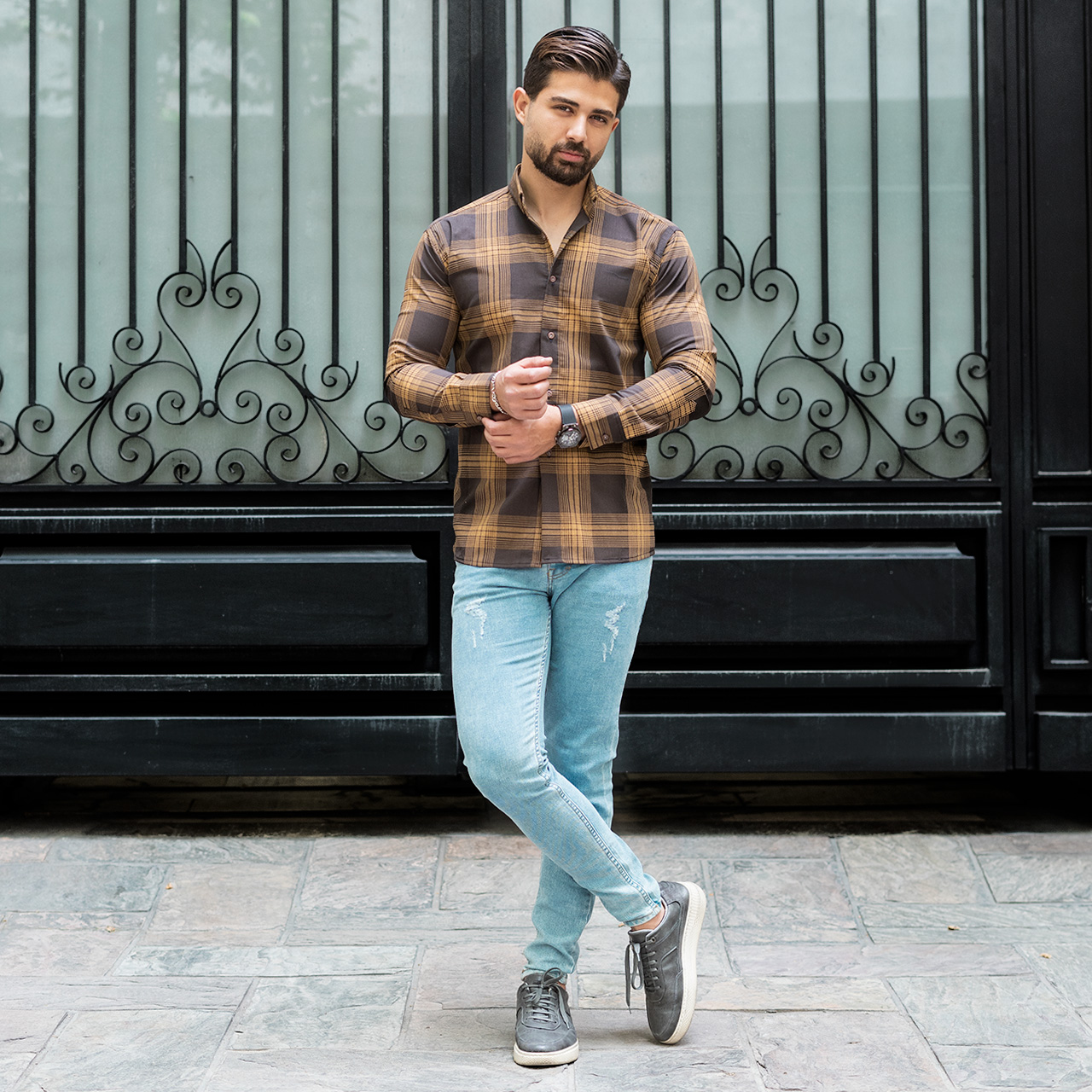 پیراهن مردانه(T)چهار خونه قهوه ای روشن مدلzava