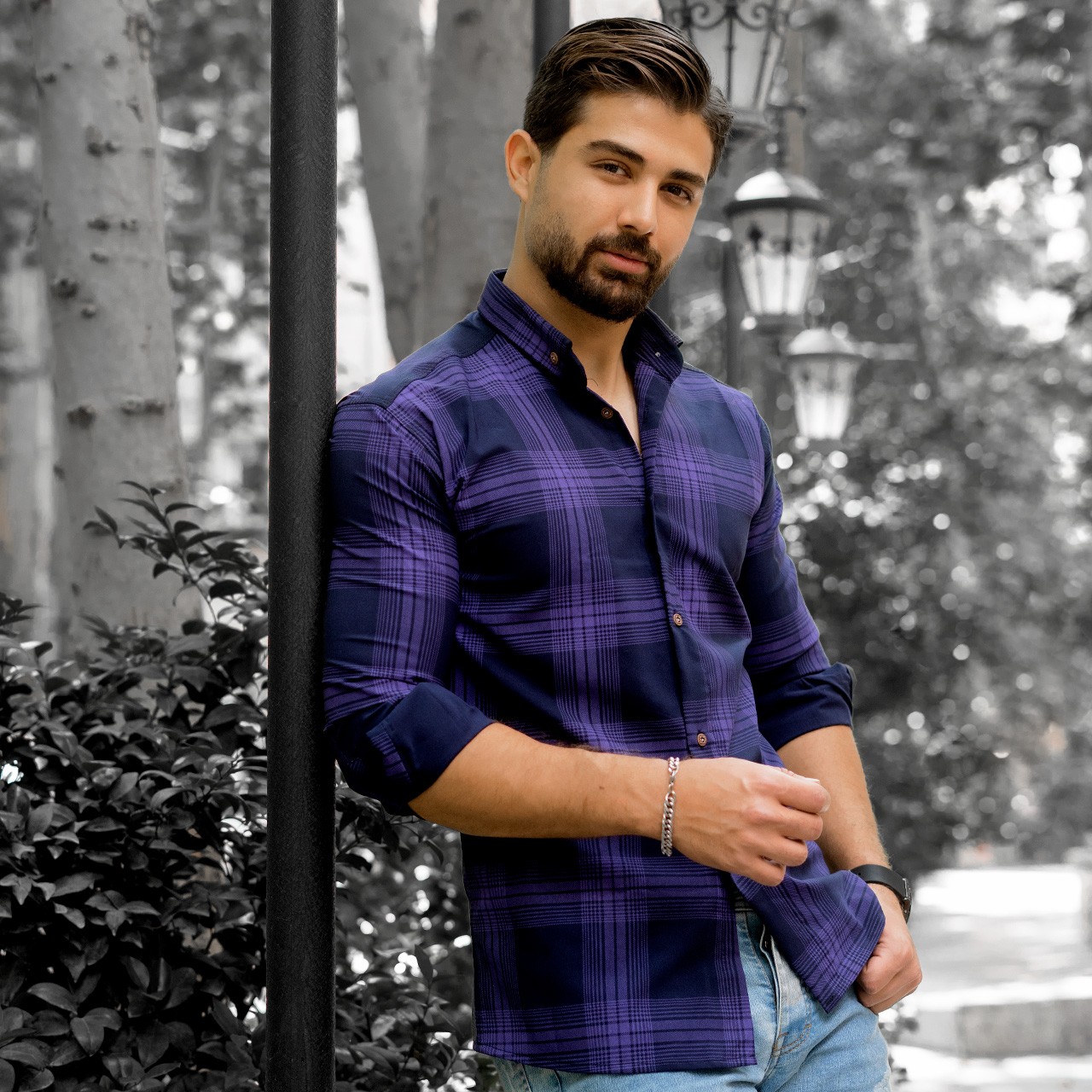 پیراهن مردانه(T) چهار خونه بنفش مدلzava
