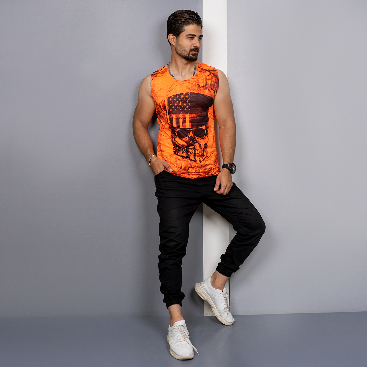 رکابی (T) نارنجی طرح جمجمه مردانه مدل S85