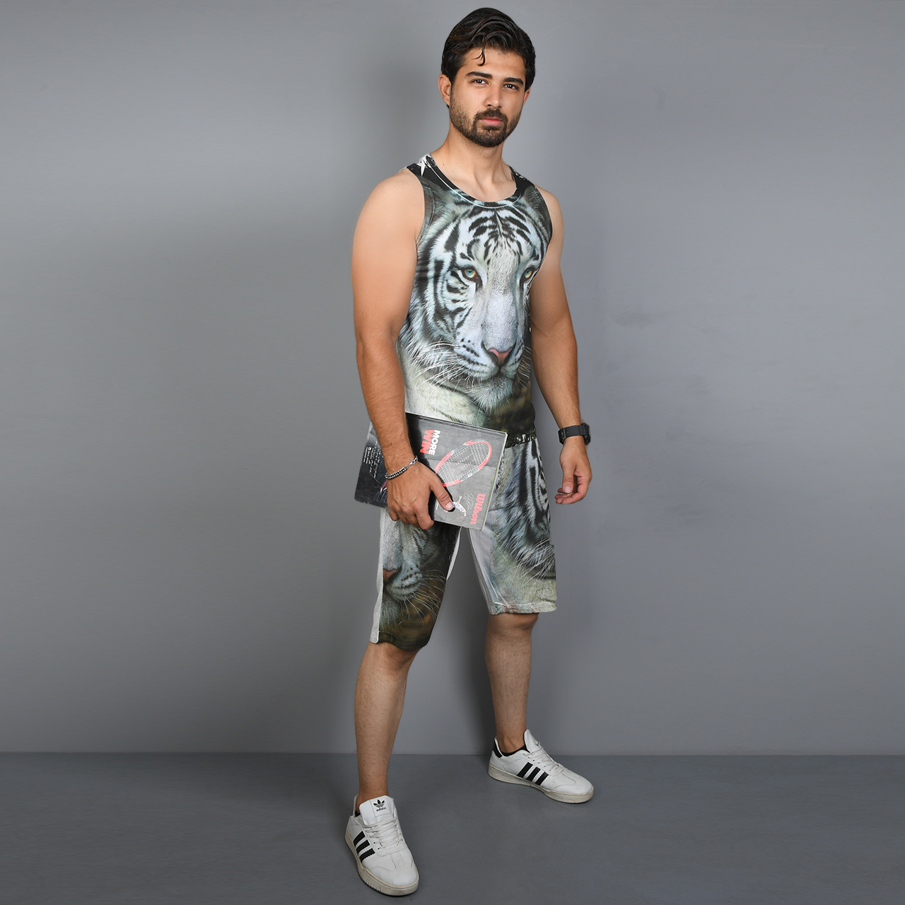 ست رکابی شلوارک طرح ببرقهوه ای مردانه مدل A31