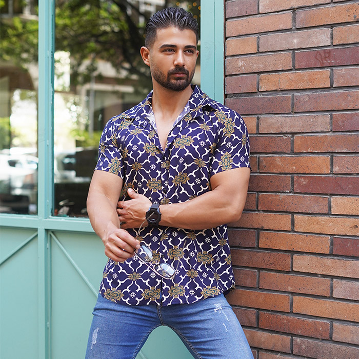پیراهن هاوایی مردانه طرح پرانتز سرمه ای مدلE92