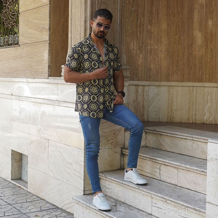 پیراهن هاوایی مردانه ورساچه طرح گل مدل W52