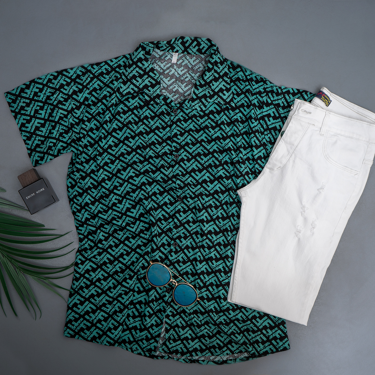 پیراهن هاوایی طرح فندی سبز مردانه مدل F82