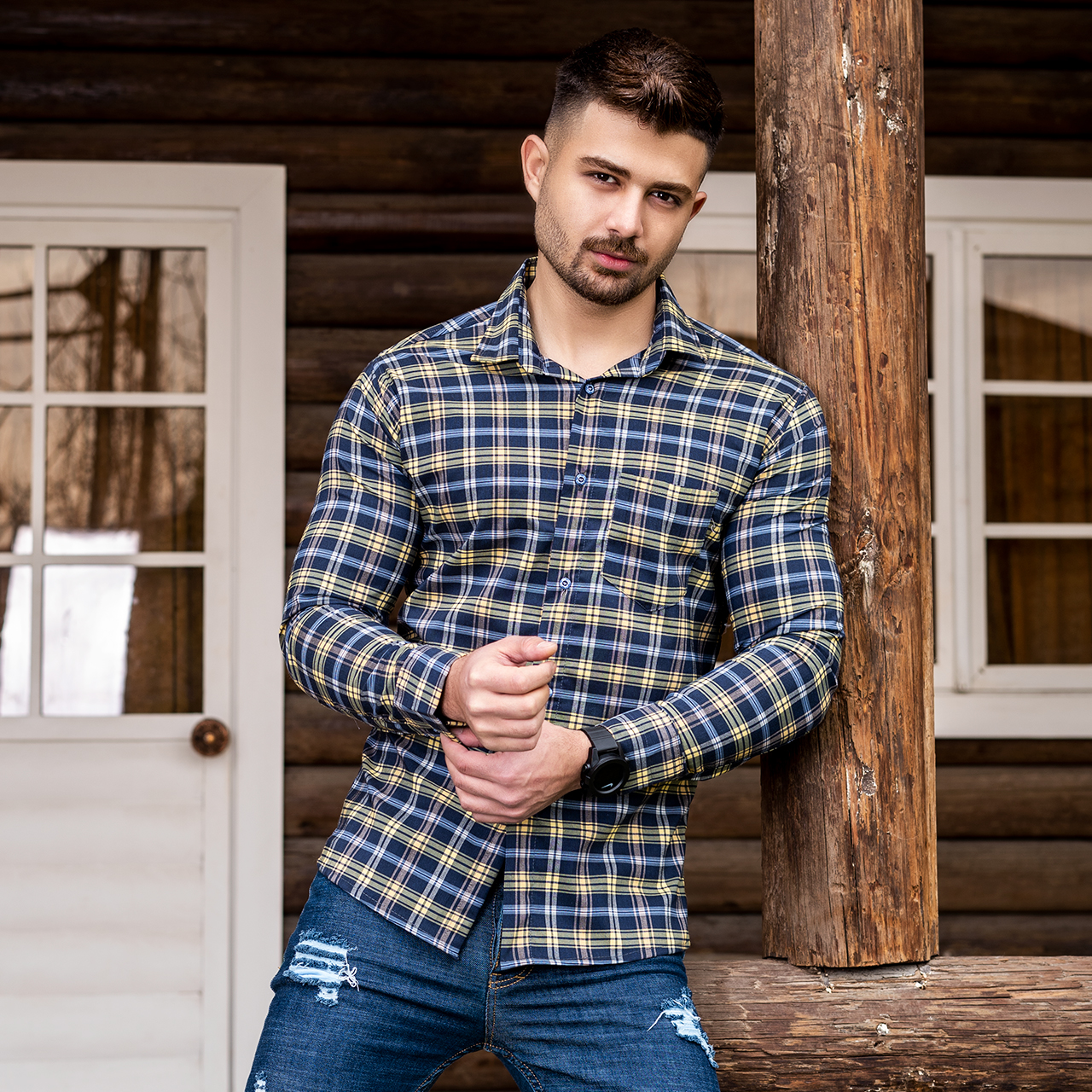 دوتا پیراهن چهارخانه زرد سرمه ای مردانه مدلDivan