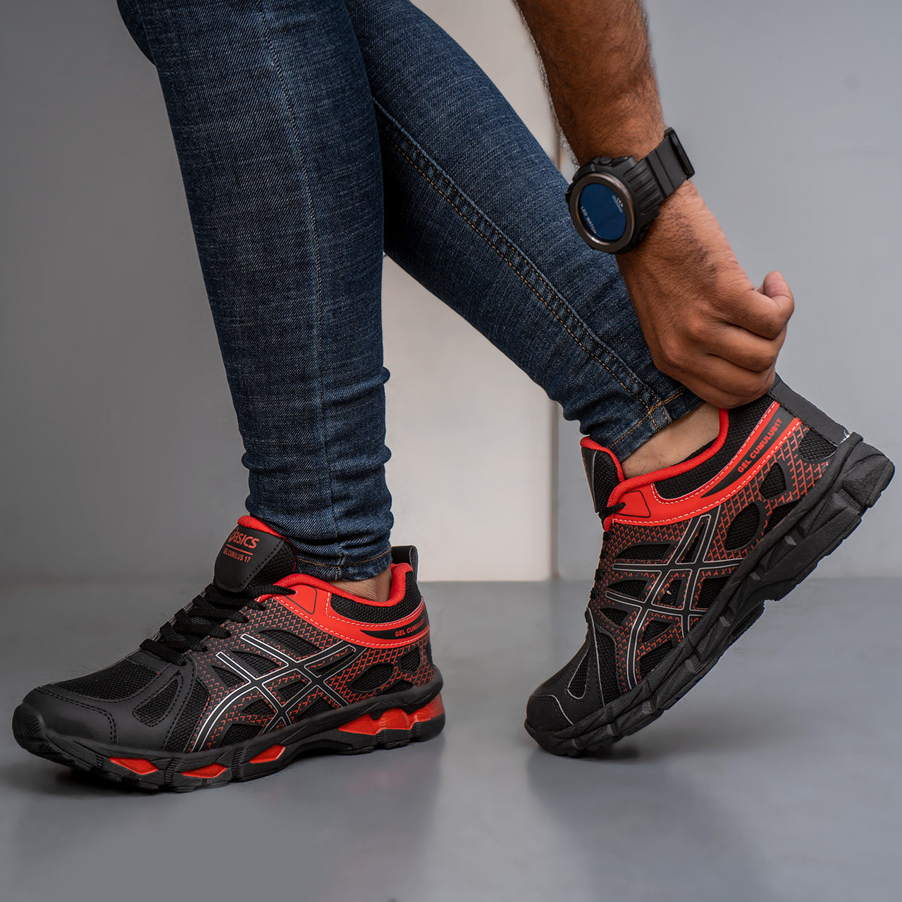 کفش ورزشی اسیکس مشکی-قرمز مردانه مدل GEL17