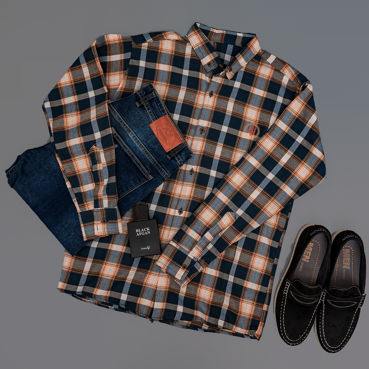 پیراهن چهارخونه مردانه آبی طوسی مدلB12