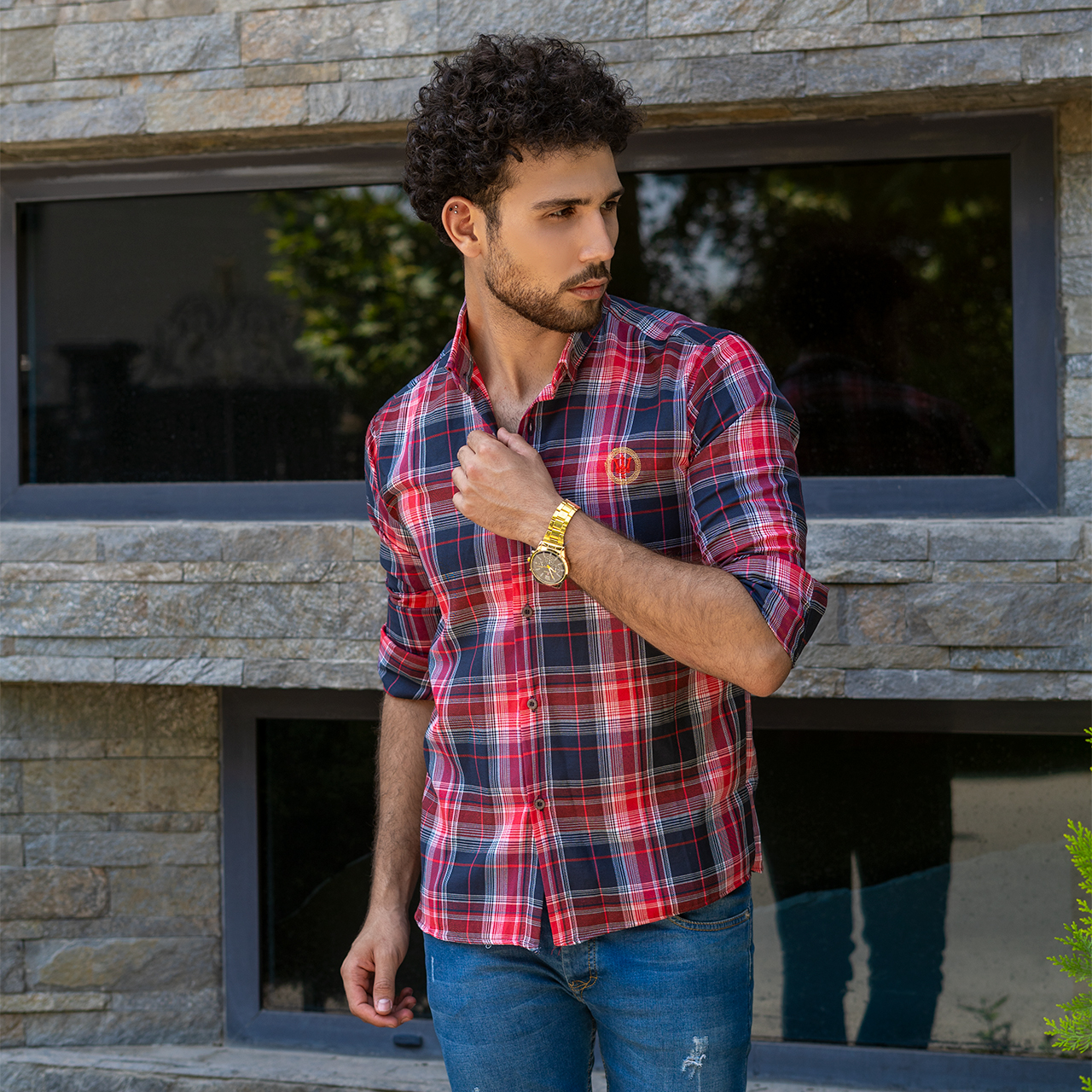 پیراهن چهارخونه مردانه سرمه ای قرمز مدلB13