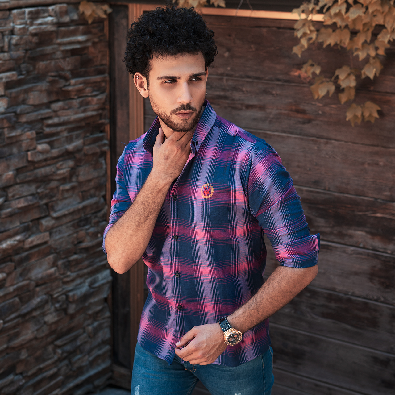 پیراهن چهارخونه مردانه سرمه ای صورتی مدل B16