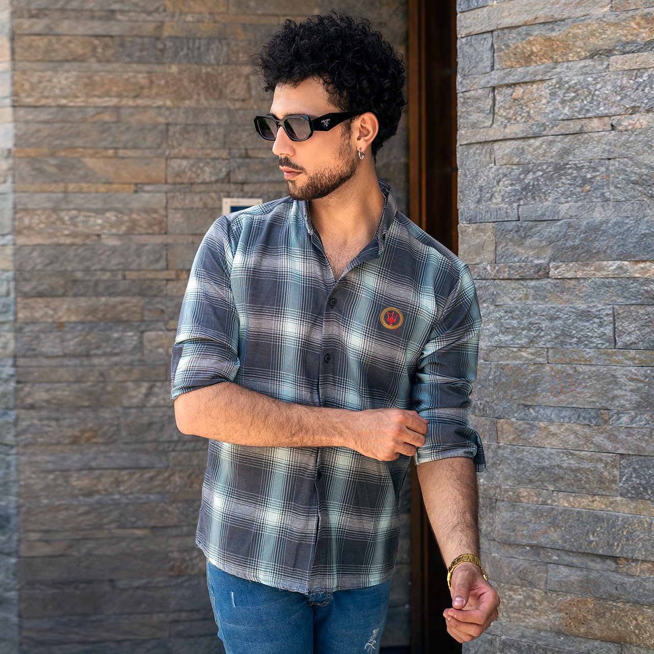 پیراهن چهارخونه مردانه طوسی سبز مدل B17