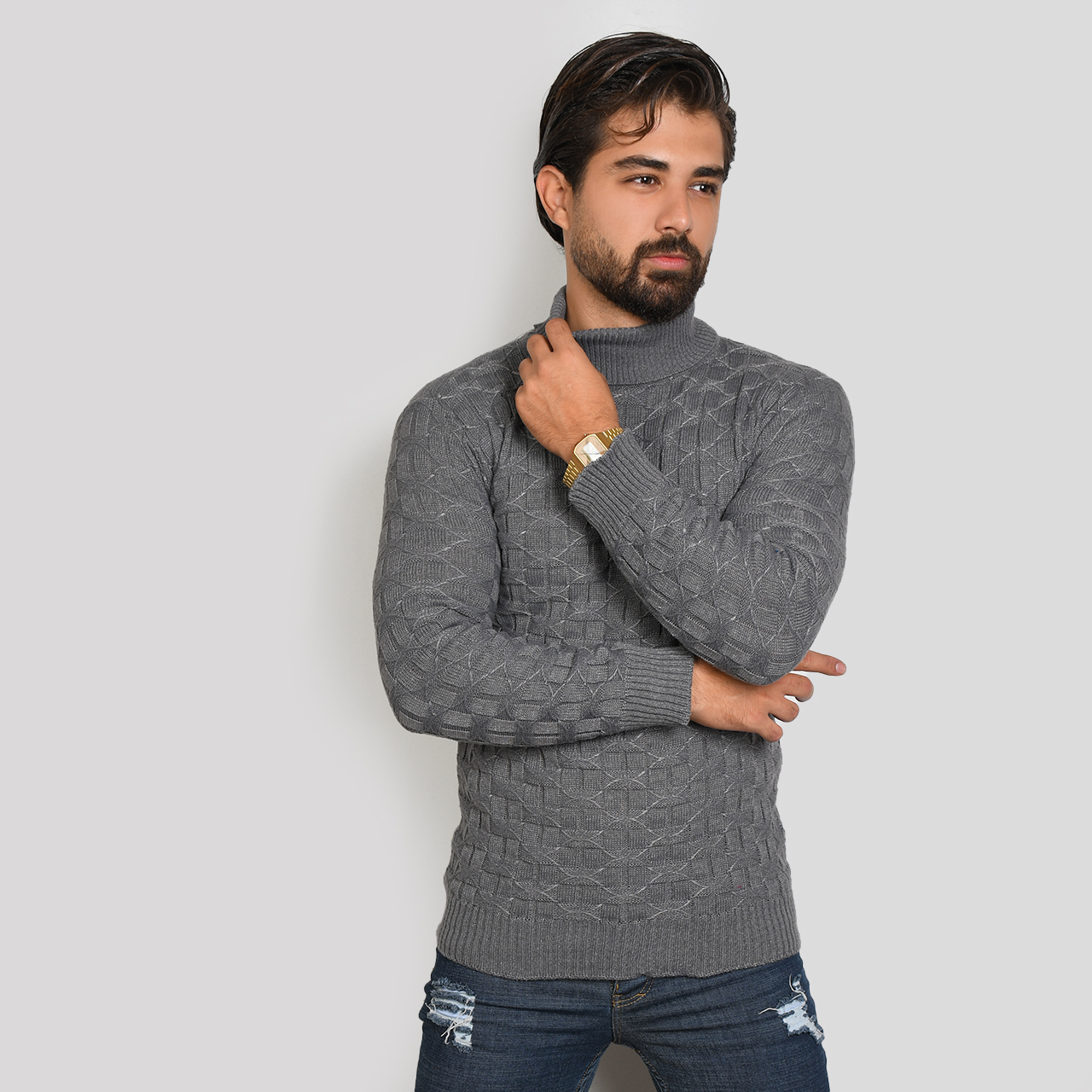 پلیور یقه اسکی طوسی تیره طرح لوزی مردانه مدلG10