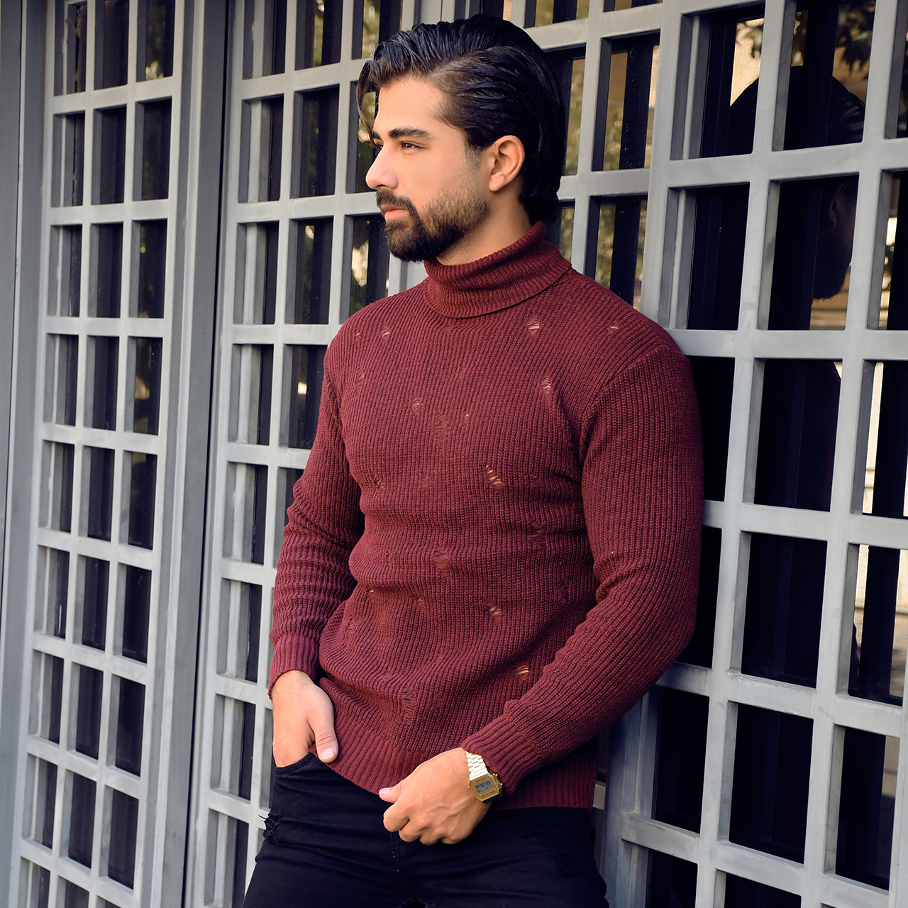 پلیور یقه اسکی زرشکی زاپ دار مردانه مدل U10