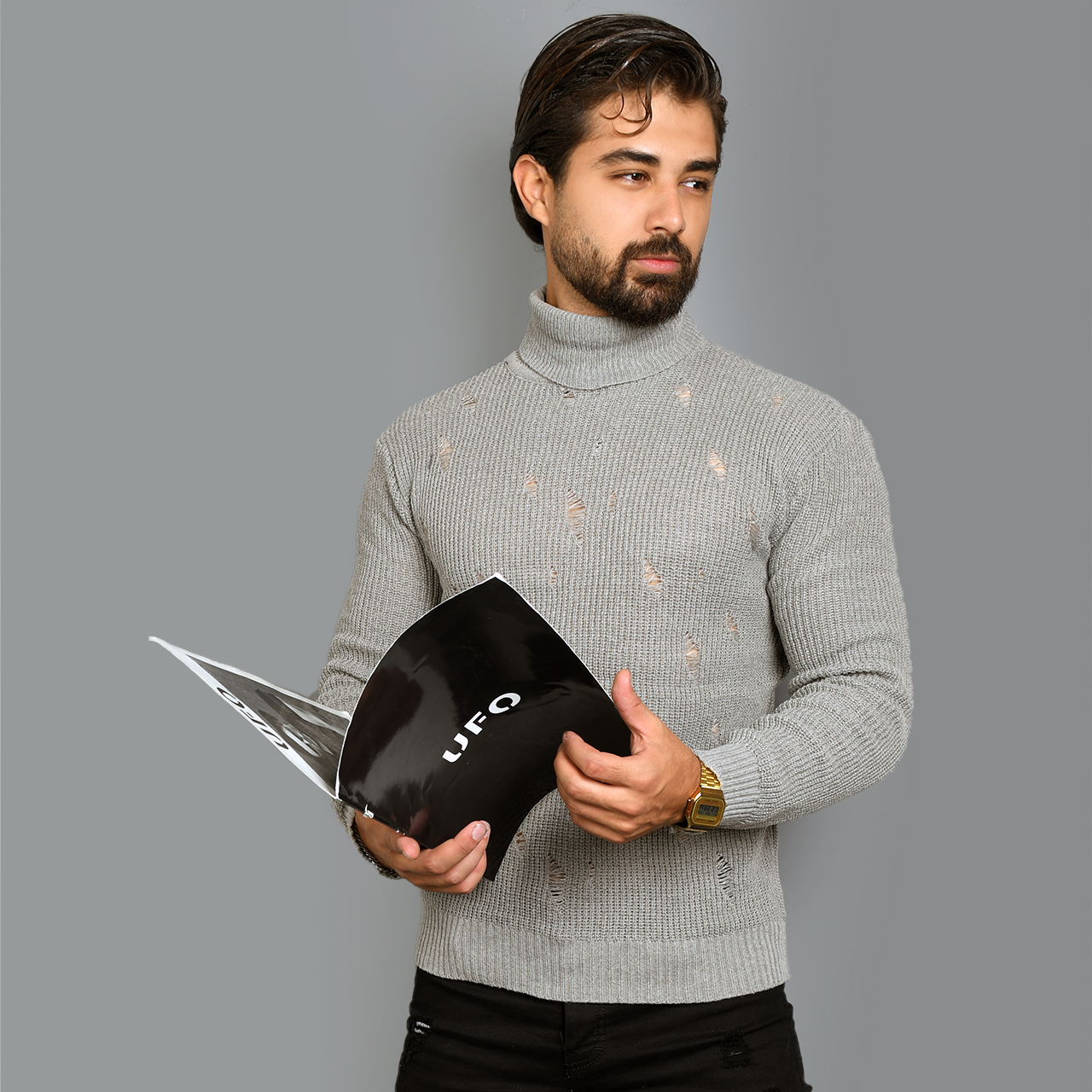 پلیور یقه اسکی کرم زاپ دار مردانه مدل U10