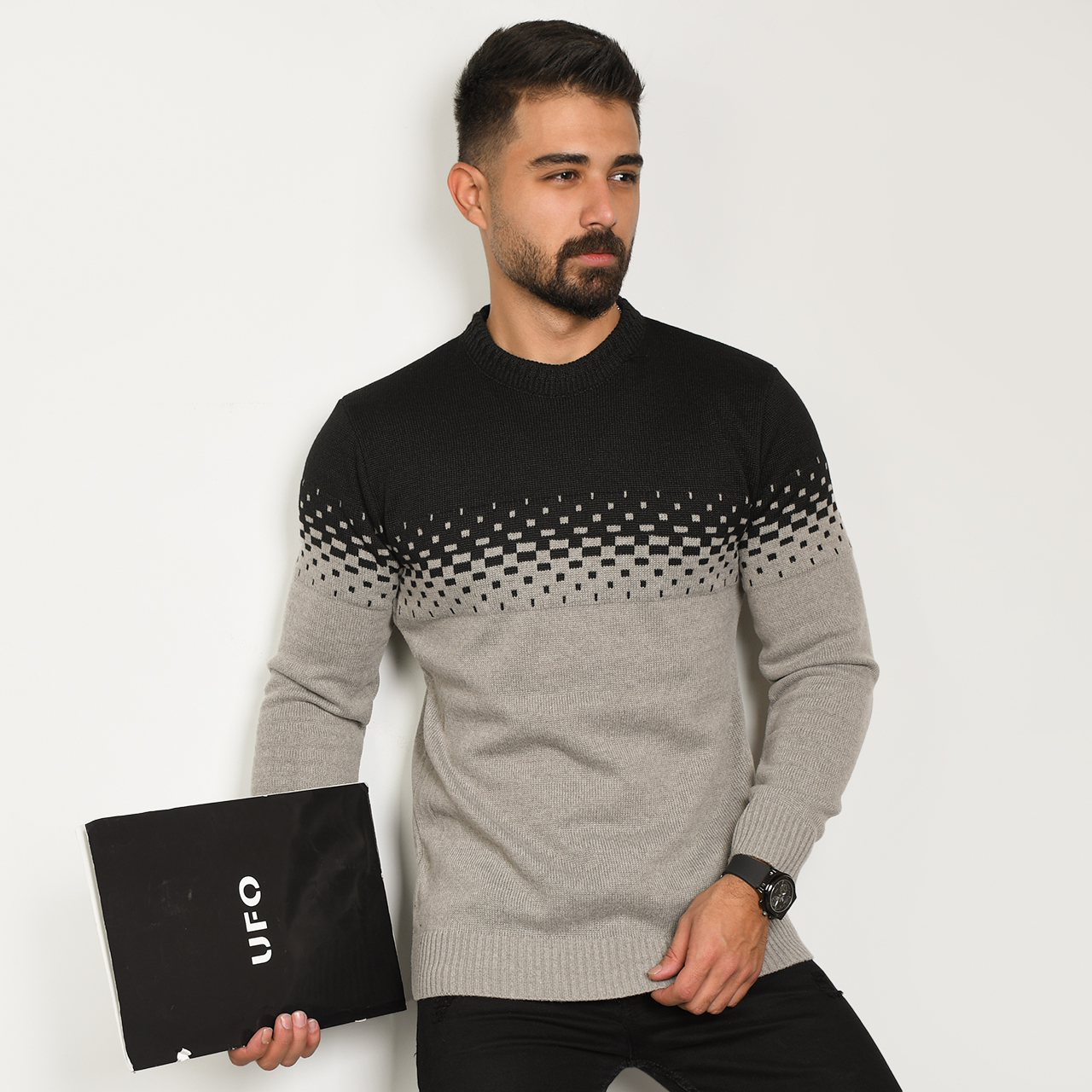 پلیور مردانه دو رنگ کرم مشکی مدلShatel