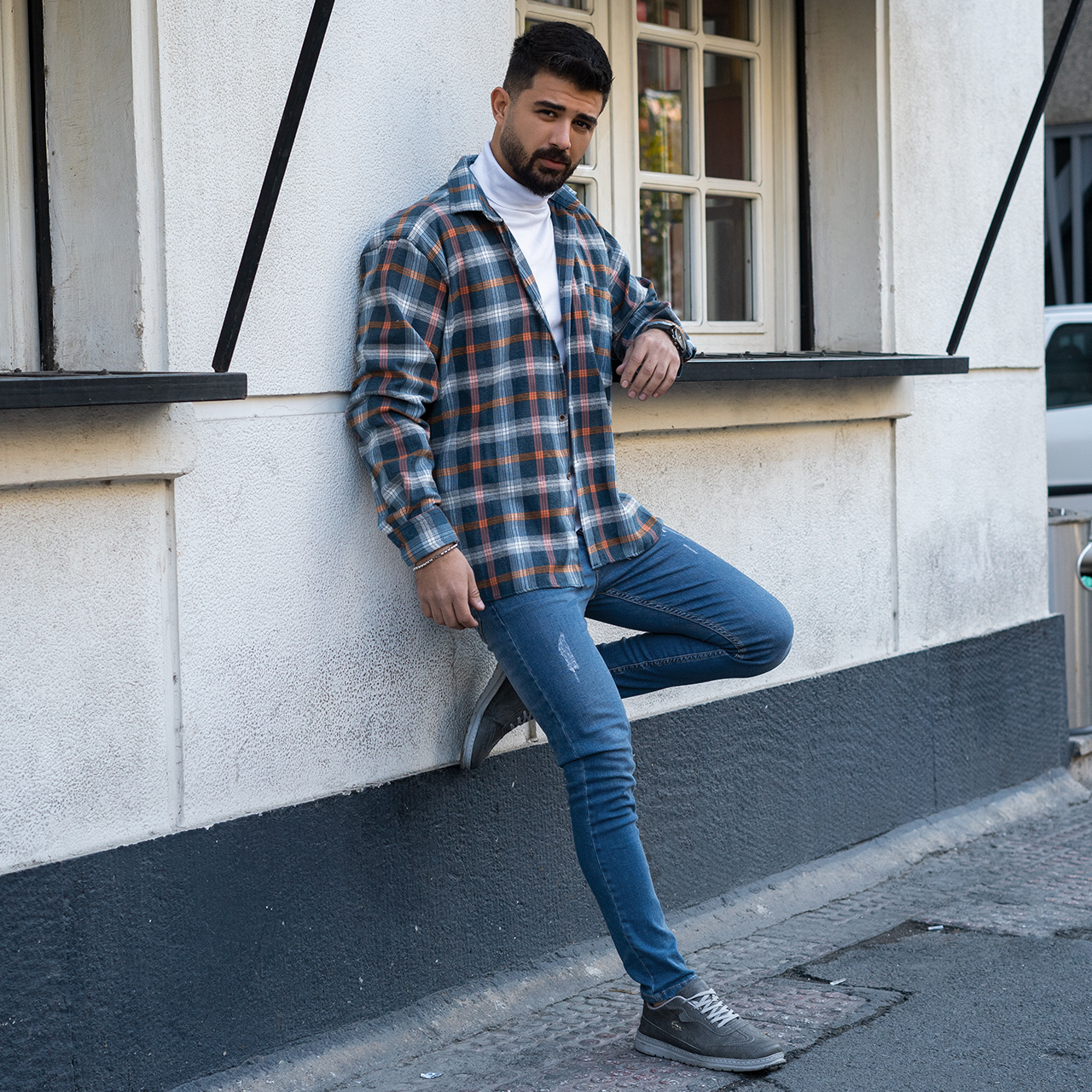 پیراهن مردانه چهارخونه آبی نارنجی مدل BEHRAD