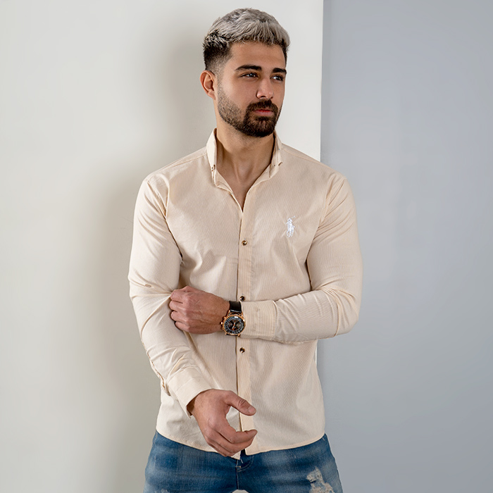 پیراهن مردانه راه راه کرم مدل VQ