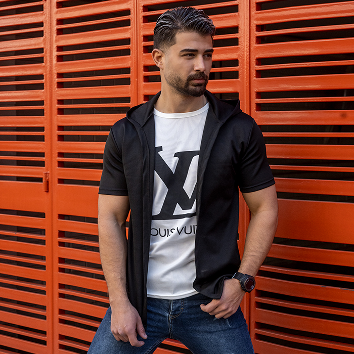 هودی مردانه مشکی سفید مدل LV
