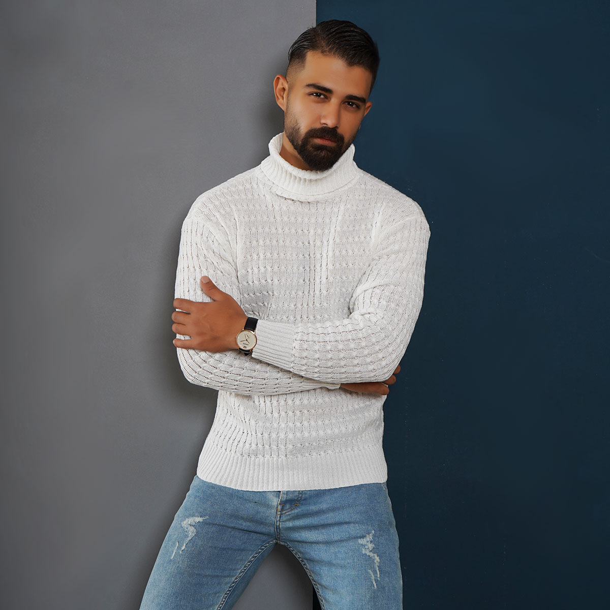 پلیوربافت مردانه سفید یقه اسکی مدل Pouyan