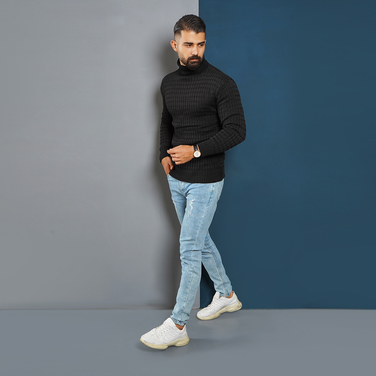 پلیوربافت مردانه مشکی یقه اسکی مدل Pouyan