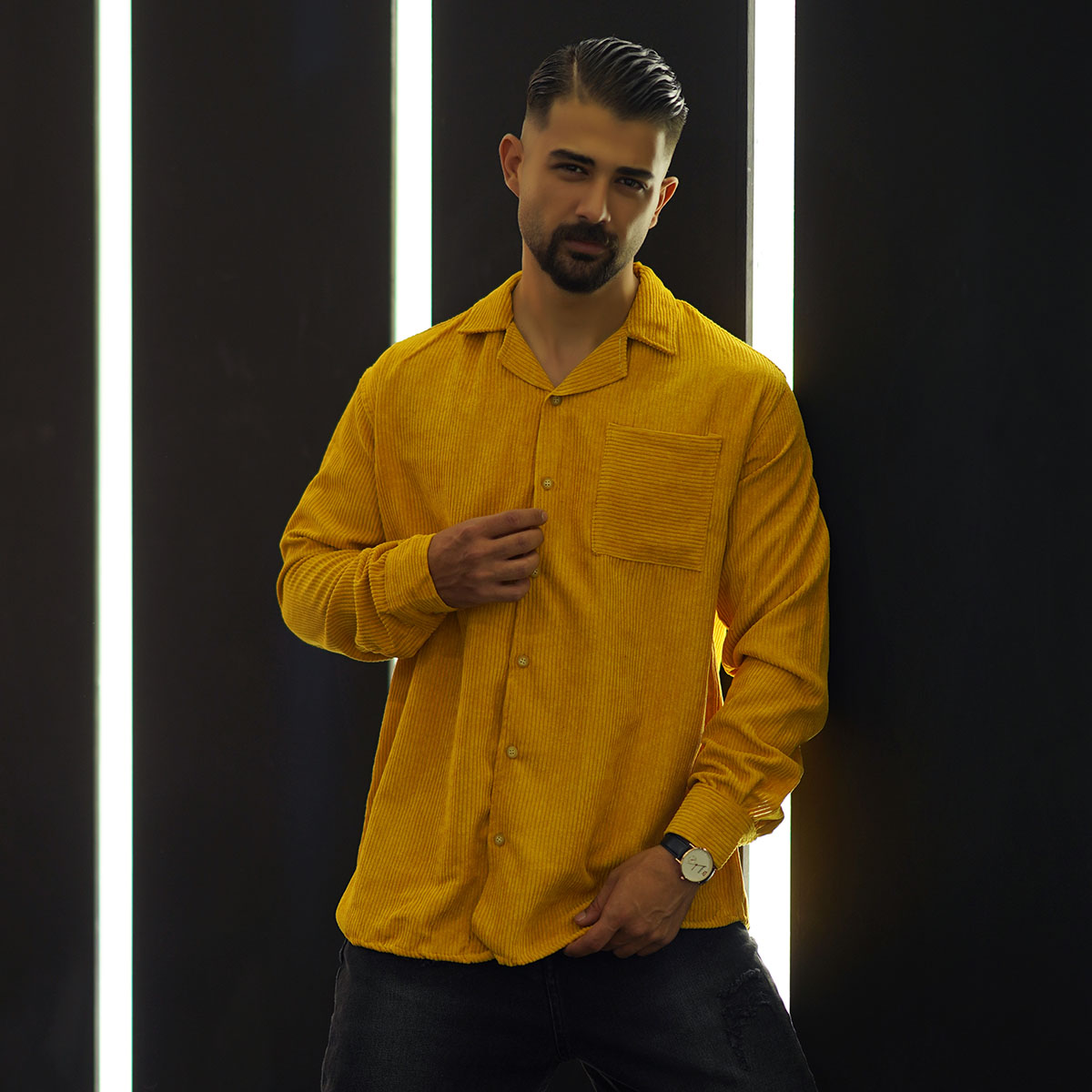 پیراهن مردانه کبریتی خردلی مدل Behtash