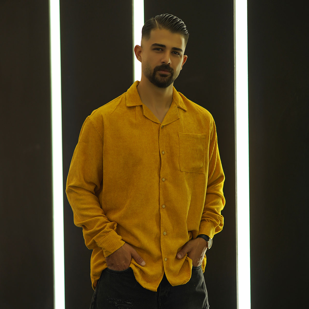 پیراهن مردانه کبریتی خردلی مدل Behtash