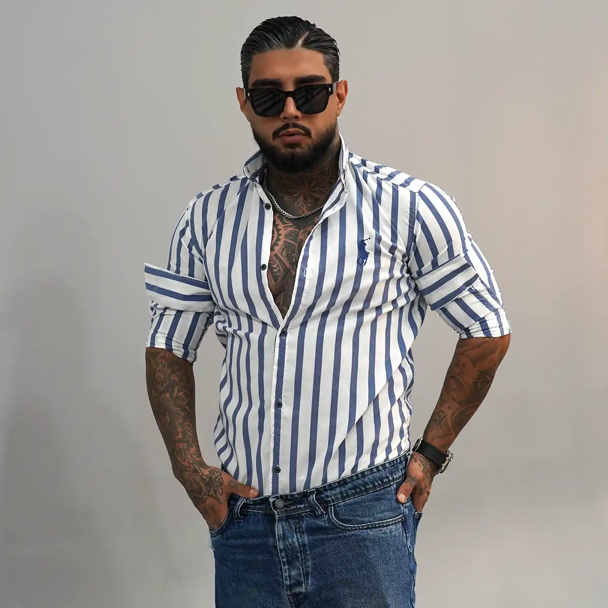 پیراهن مردانه سفید آبی مدل Hadi