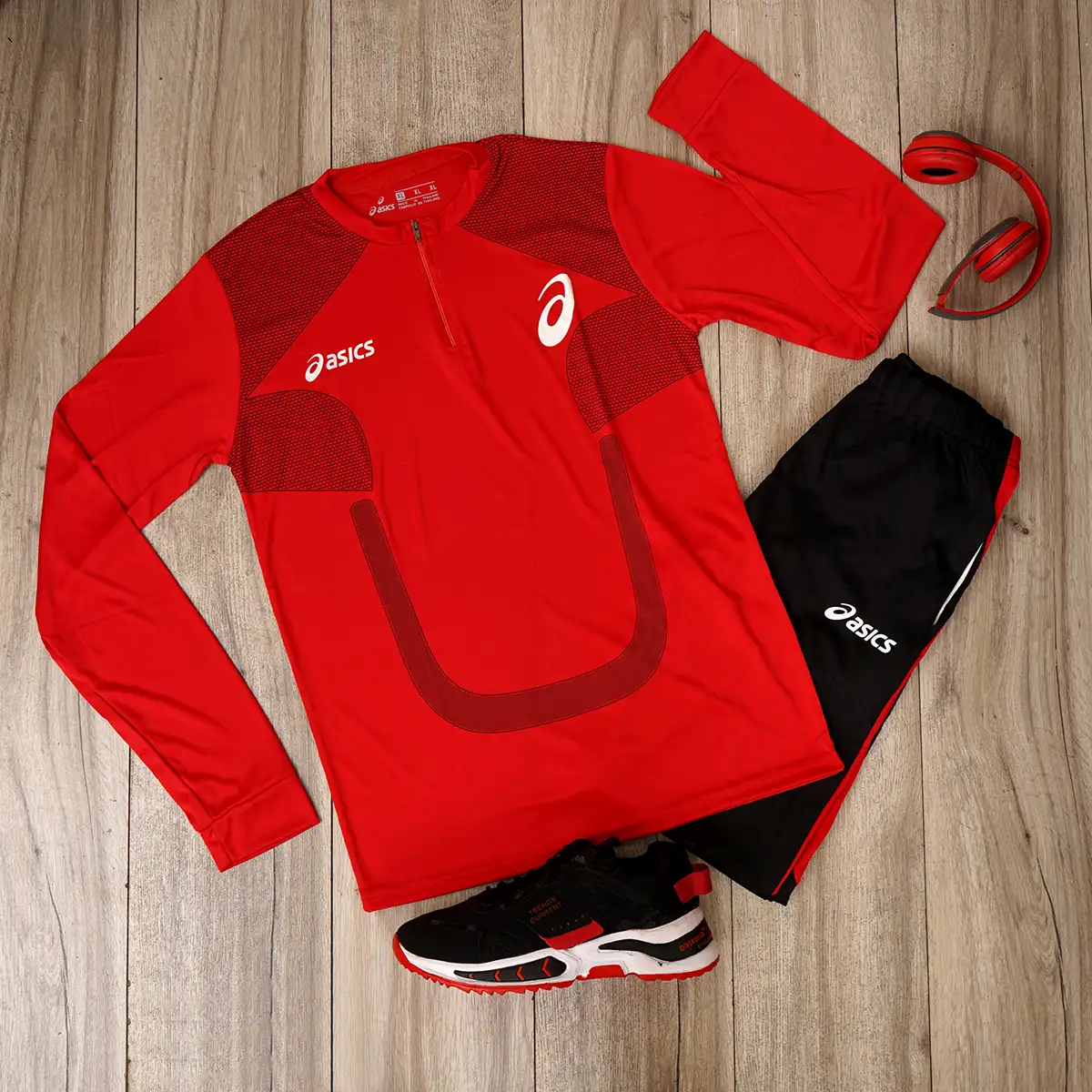 ست تیشرت آستین بلندشلوار مردانه قرمزمدل ASICS