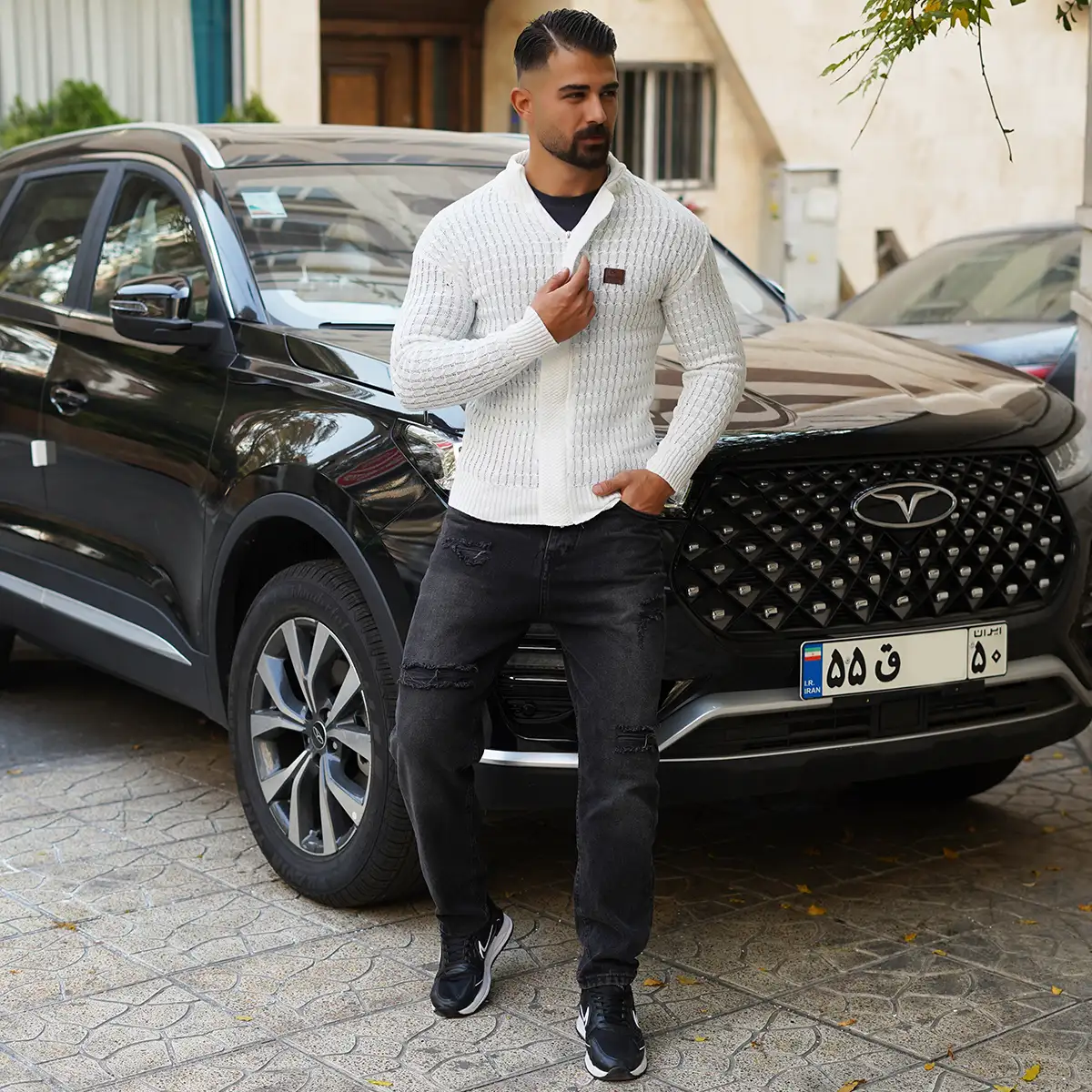 سوئیشرت بافت سفید مردانه مدل OKSEN